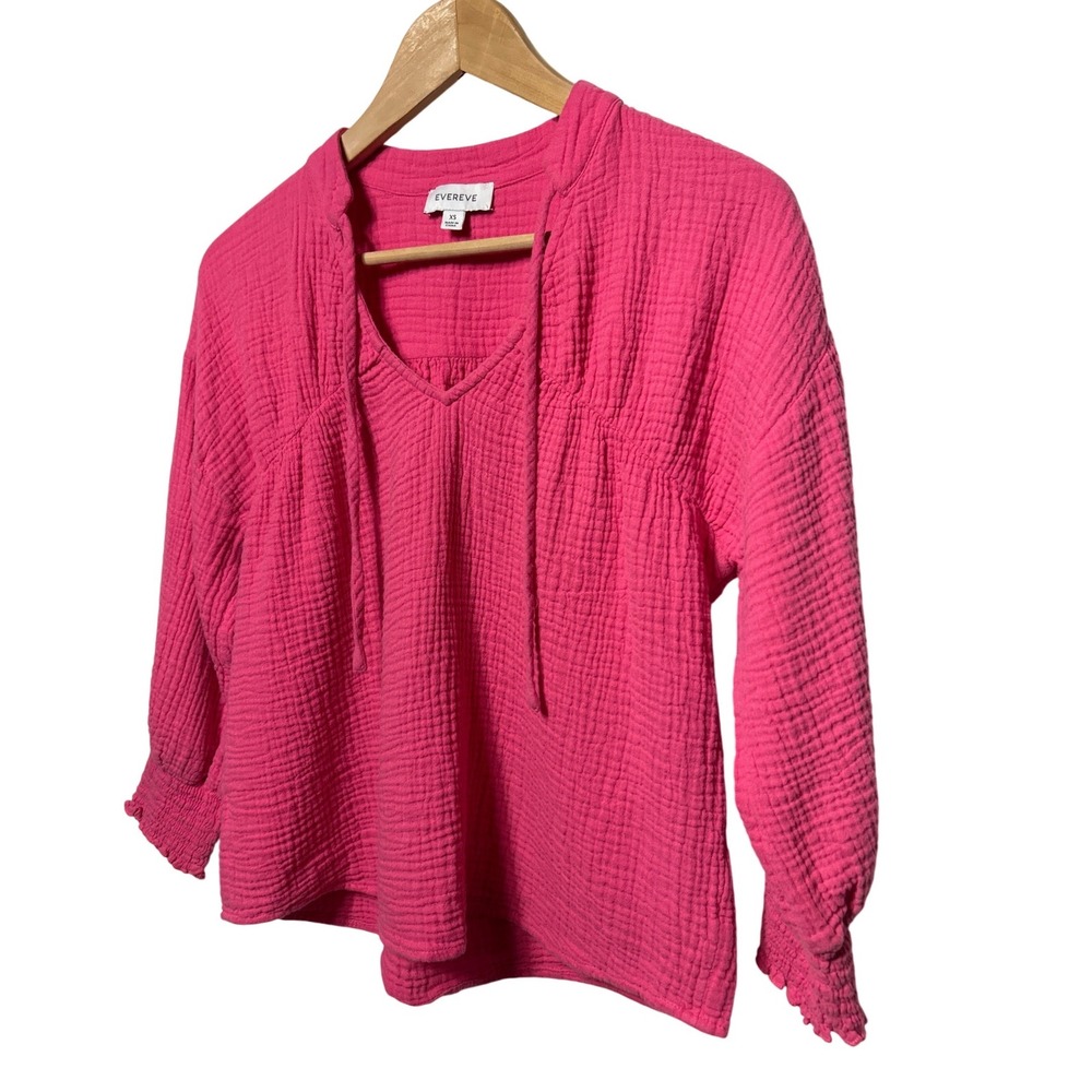 Evereve Eleanor Smocked Gauze Peasant Top Bright Pink Size XS‎ Retail: $88